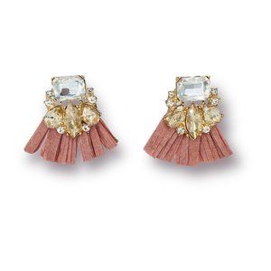 NEW Badgley Mischka Blush Pink Raffia Fan Statement Earrings w/ Crystal Cluster
